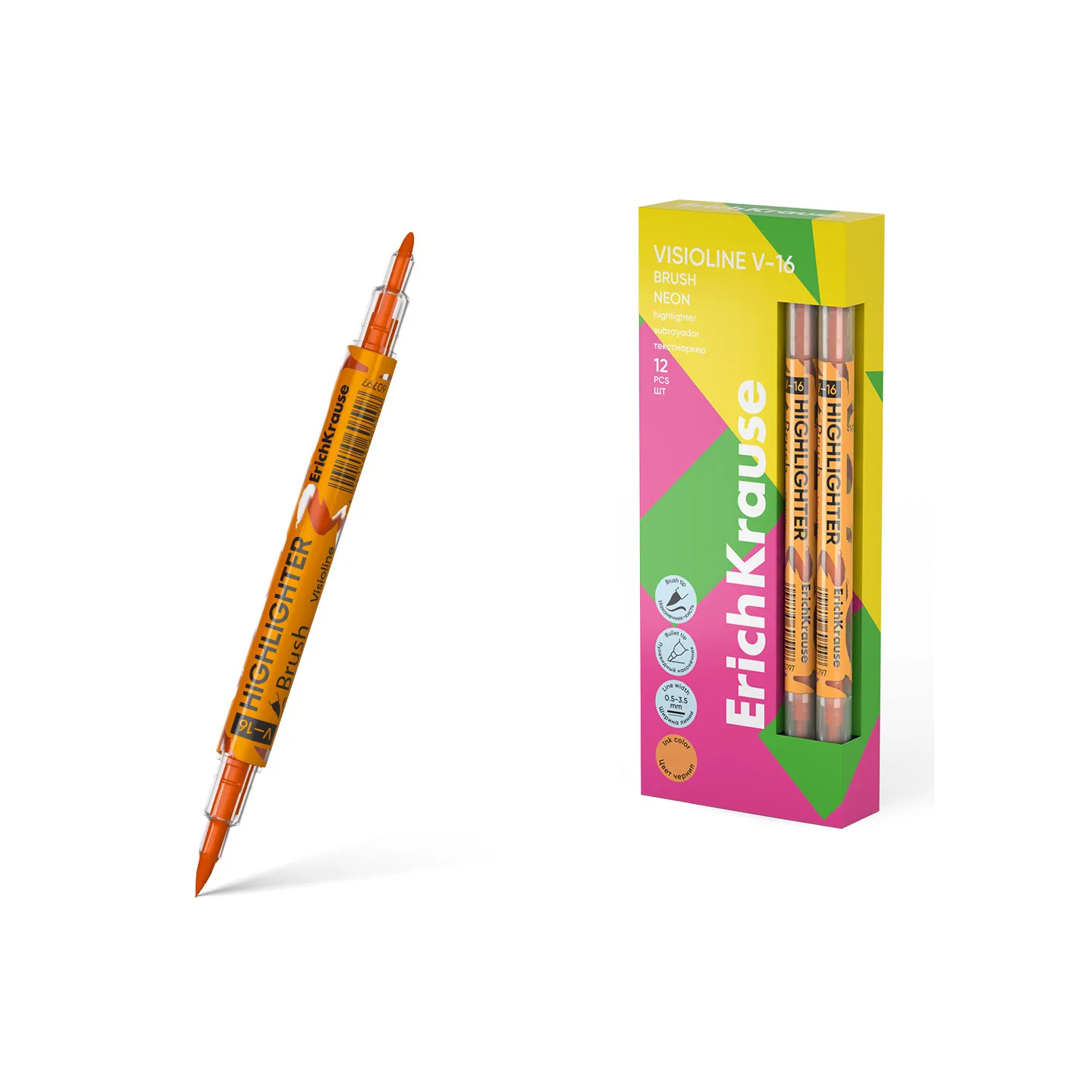 Evidenziatore a doppia punta ErichKrause Visioline V-16 Brush Neon, colore inchiostro: Arancione