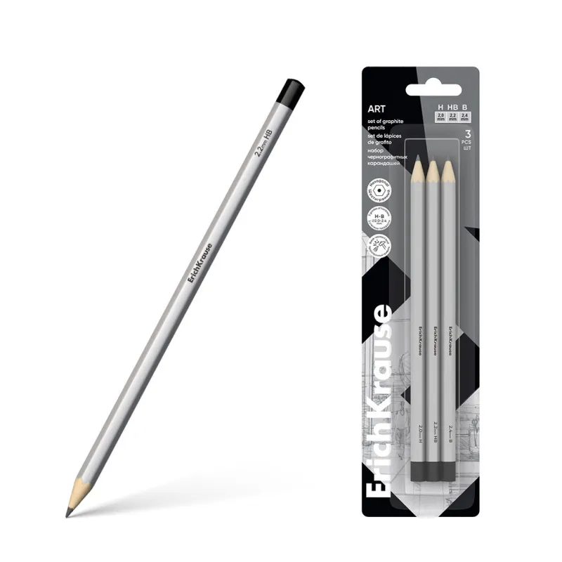 Set di 3 matite di grafite ErichKrause Art, esagonali, H,HB,B (in blister)