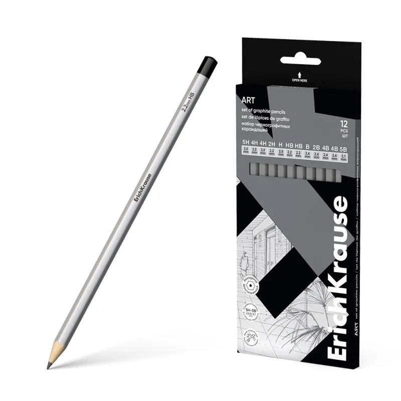 Set di 12 matite di grafite ErichKrause Art,esagonali,5H,4H,3H,2H,H,HB,HB,B,2B,3B,4B,5B