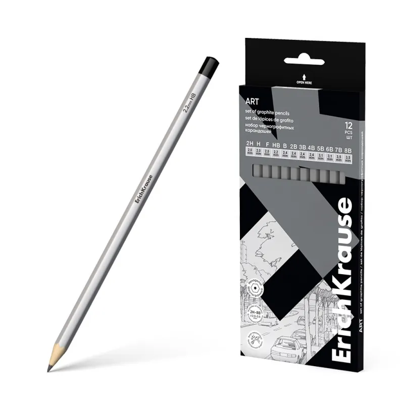 Set di 12 matite di grafite ErichKrause Art, esagonali, 2Н, Н, F, HB, В, 2В, 3В, 4В, 5В, 6В, 7В, 8В
