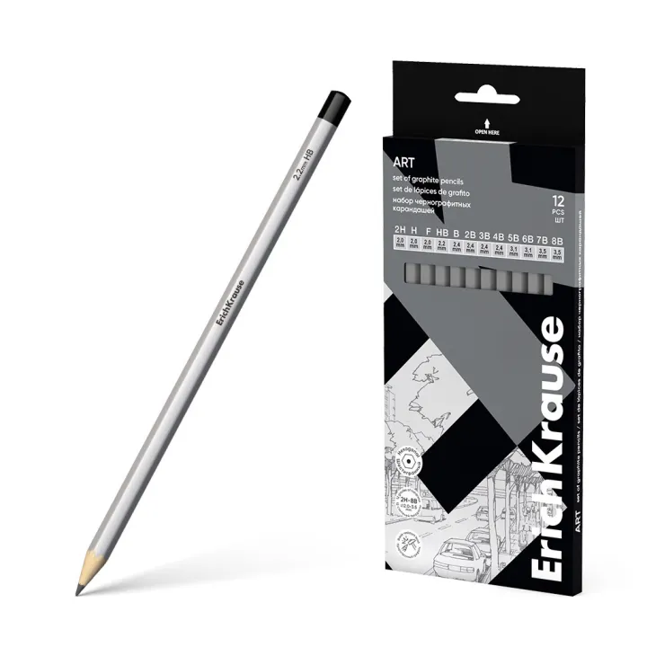 Set di 12 matite di grafite ErichKrause Art, esagonali, 2Н, Н, F, HB, В, 2В, 3В, 4В, 5В, 6В, 7В, 8В