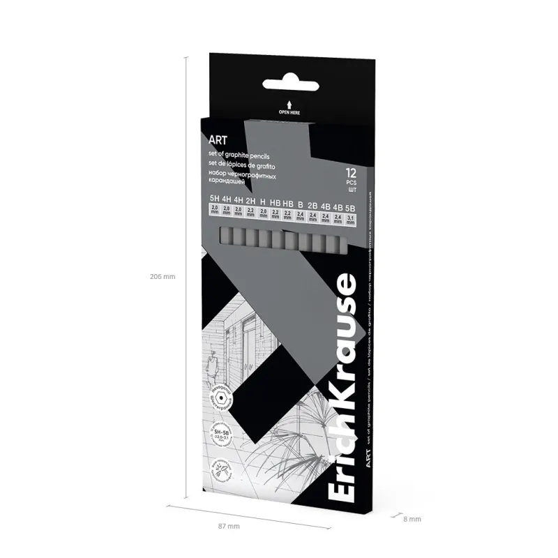 Set di 12 matite di grafite ErichKrause Art, esagonali, 2Н, Н, F, HB, В, 2В, 3В, 4В, 5В, 6В, 7В, 8В