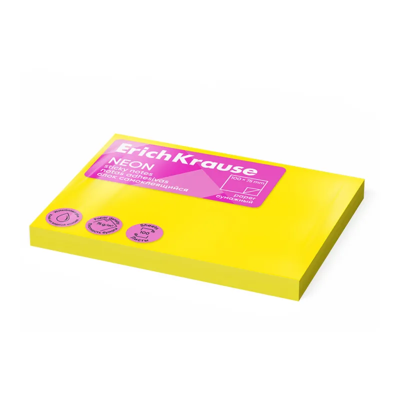 Post it - Sticky notes ErichKrause 100х75 mm, 100 fogli, giallo,Fluo
