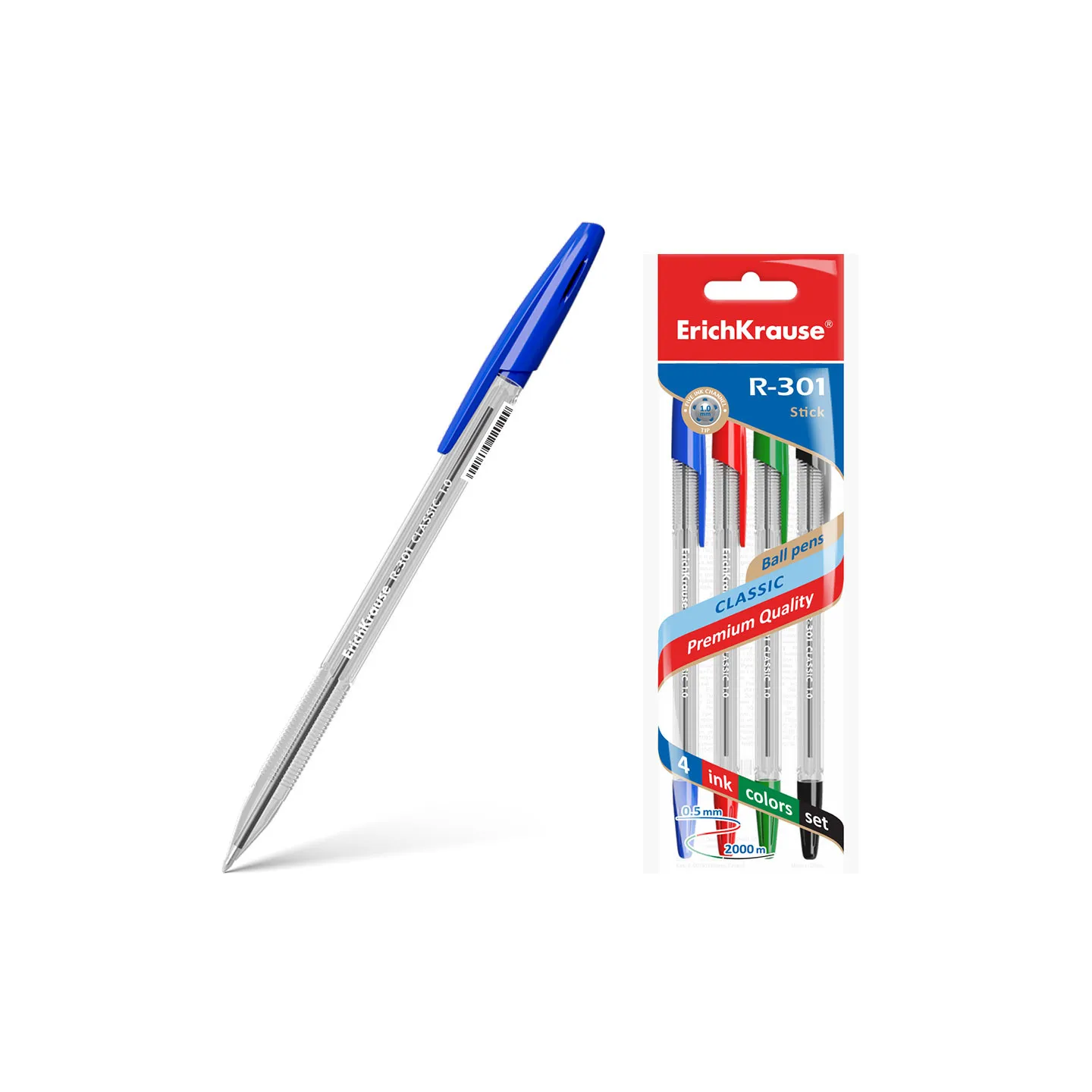 Set di 4 penne a sfera ErichKrause R-301 Stick Classic 1.0 colore inchiostro: blu, nero, rosso, verde (in busta)