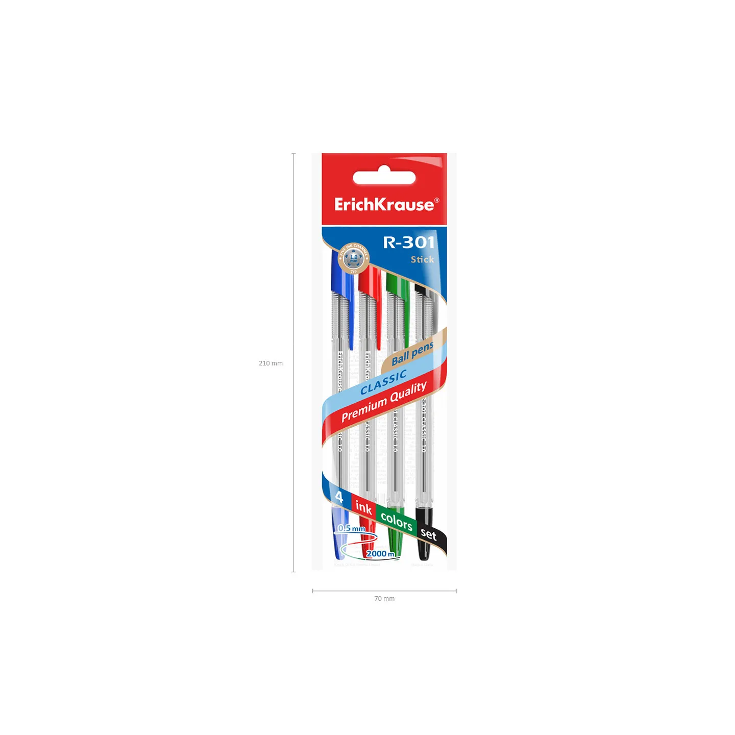 Set di 4 penne a sfera ErichKrause R-301 Stick Classic 1.0 colore inchiostro: blu, nero, rosso, verde (in busta)