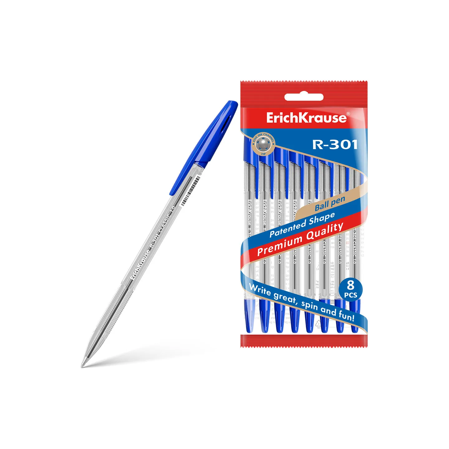 Set di 8 penne a sfera ErichKrause R-301 Stick Classic 1.0, colore inchiostro: blu (in sacchetto)