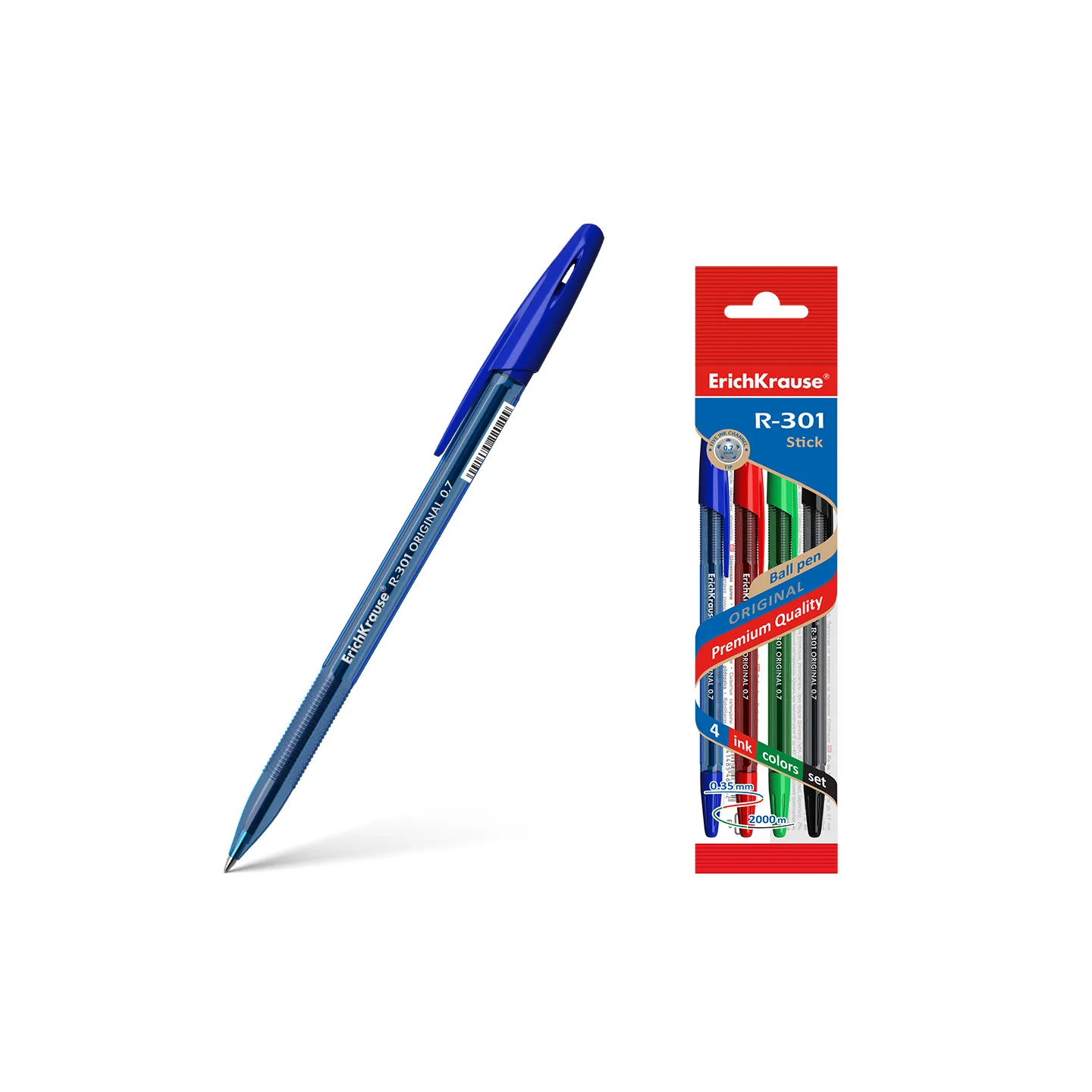 Set di 4 penne a sfera ErichKrause R-301 Stick Original 1.0, colore inchiostro: blu, nero, rosso, verde