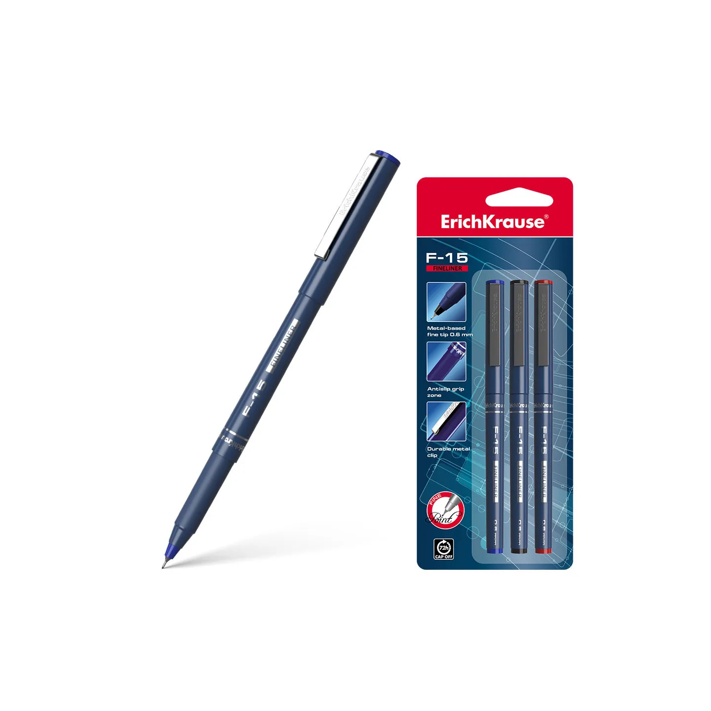 Fineliner ErichKrause F-15 Stick Classic, colore inchiostro: blu, nero, rosso (blister 3 pz.)