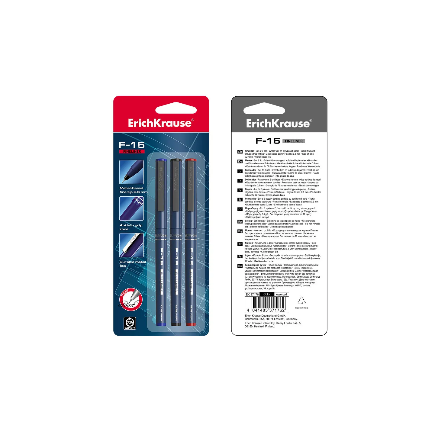 Fineliner ErichKrause F-15 Stick Classic, colore inchiostro: blu, nero, rosso (blister 3 pz.)