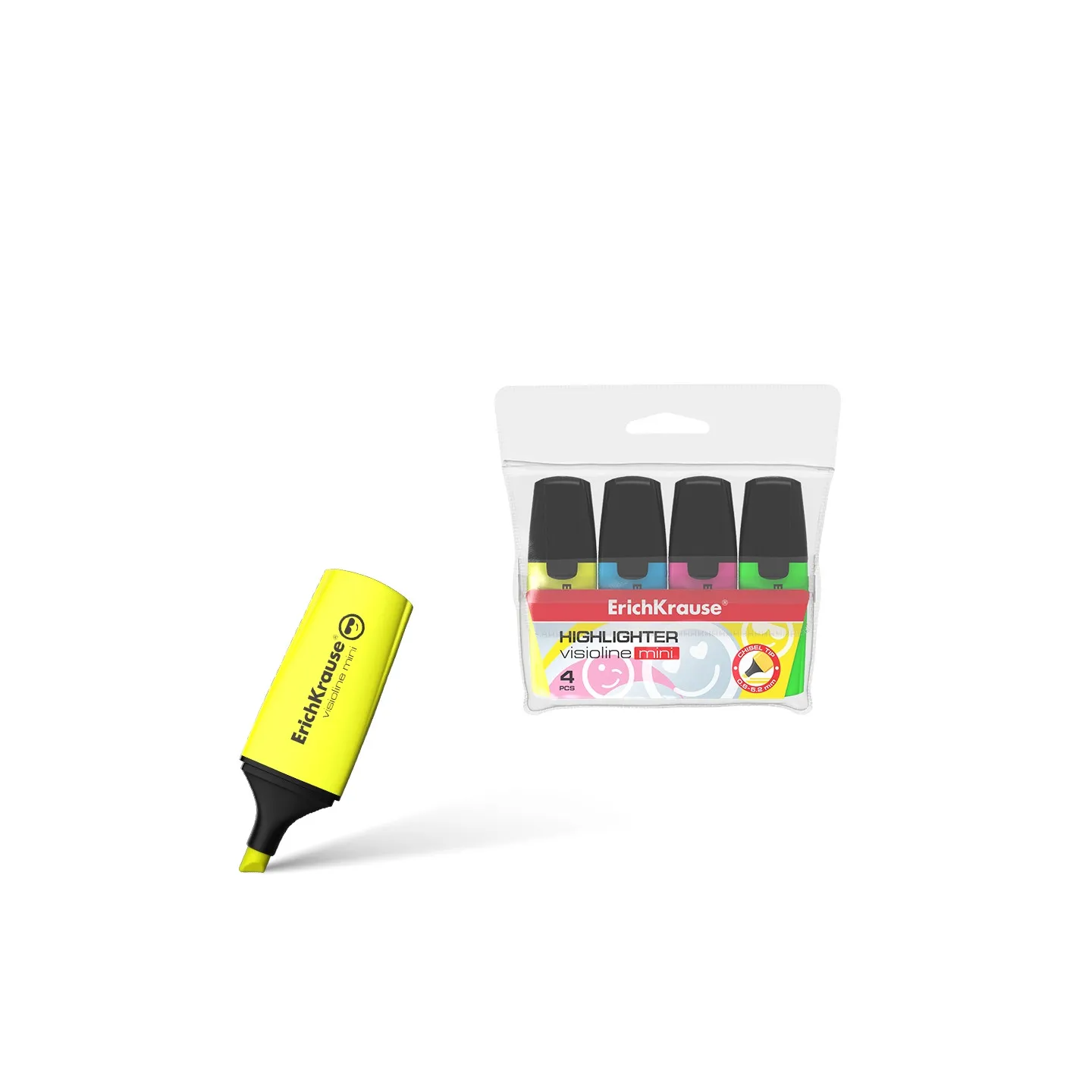 Set di 4 evidenziatori ErichKrause Visioline V-12 Mini, colori inchiostro: giallo, verde, blu, rosa (astuccio)