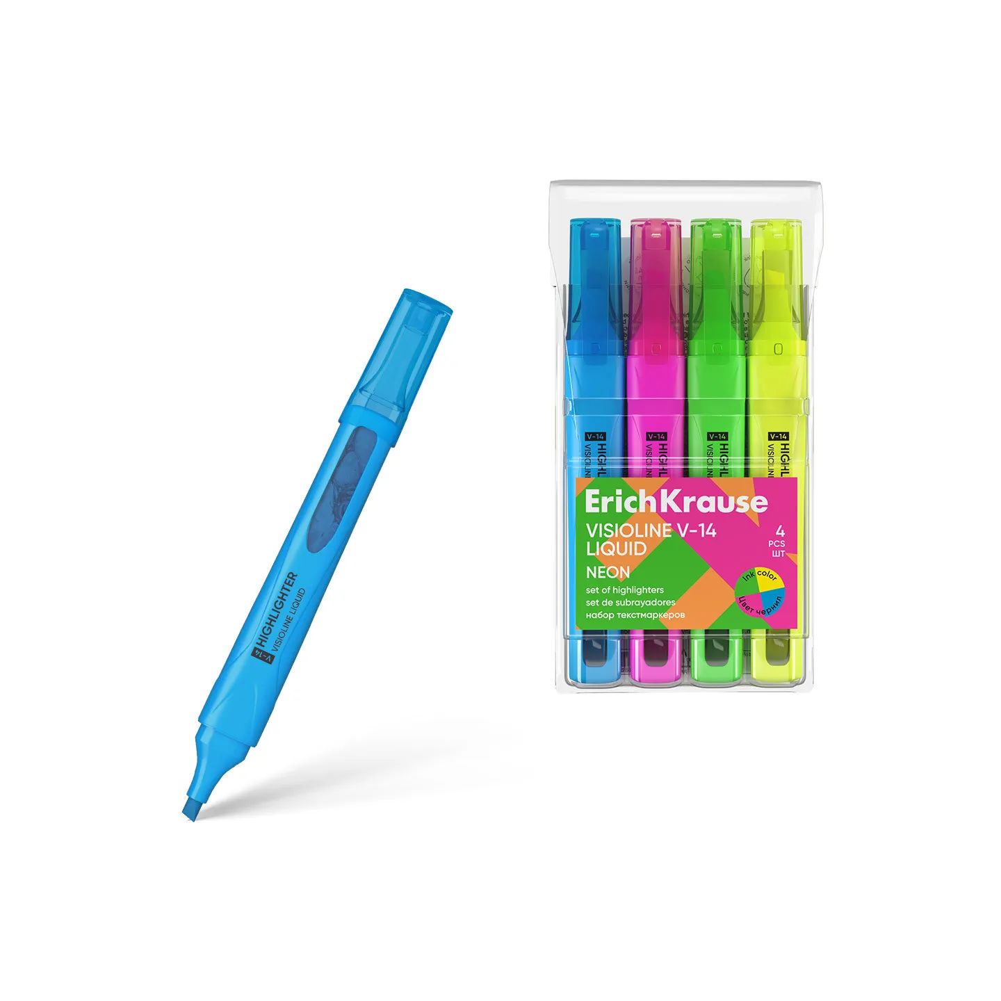 Set di 4 evidenziatori ErichKrause Liquid Visioline V-14 Neon, colori inchiostro: giallo, verde, rosa, blu (astuccio)