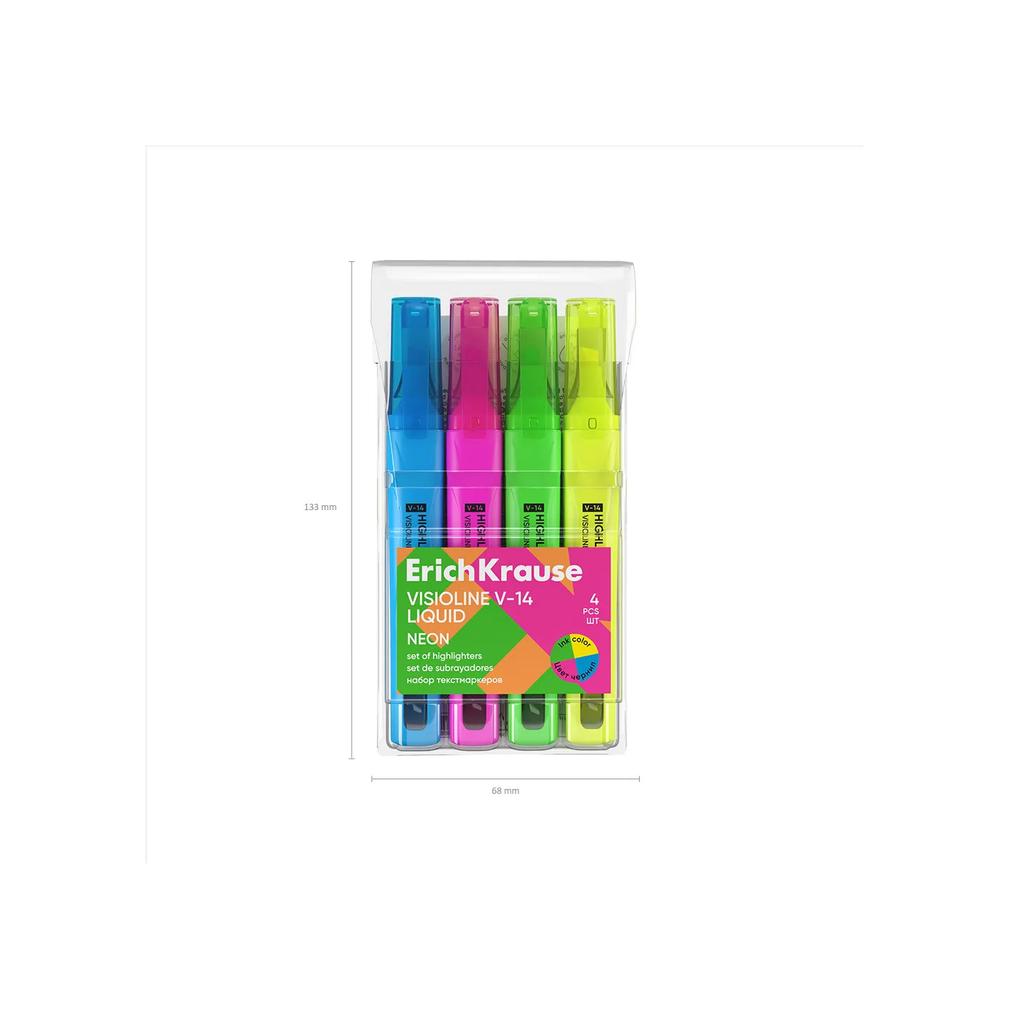 Set di 4 evidenziatori ErichKrause Liquid Visioline V-14 Neon, colori inchiostro: giallo, verde, rosa, blu (astuccio)