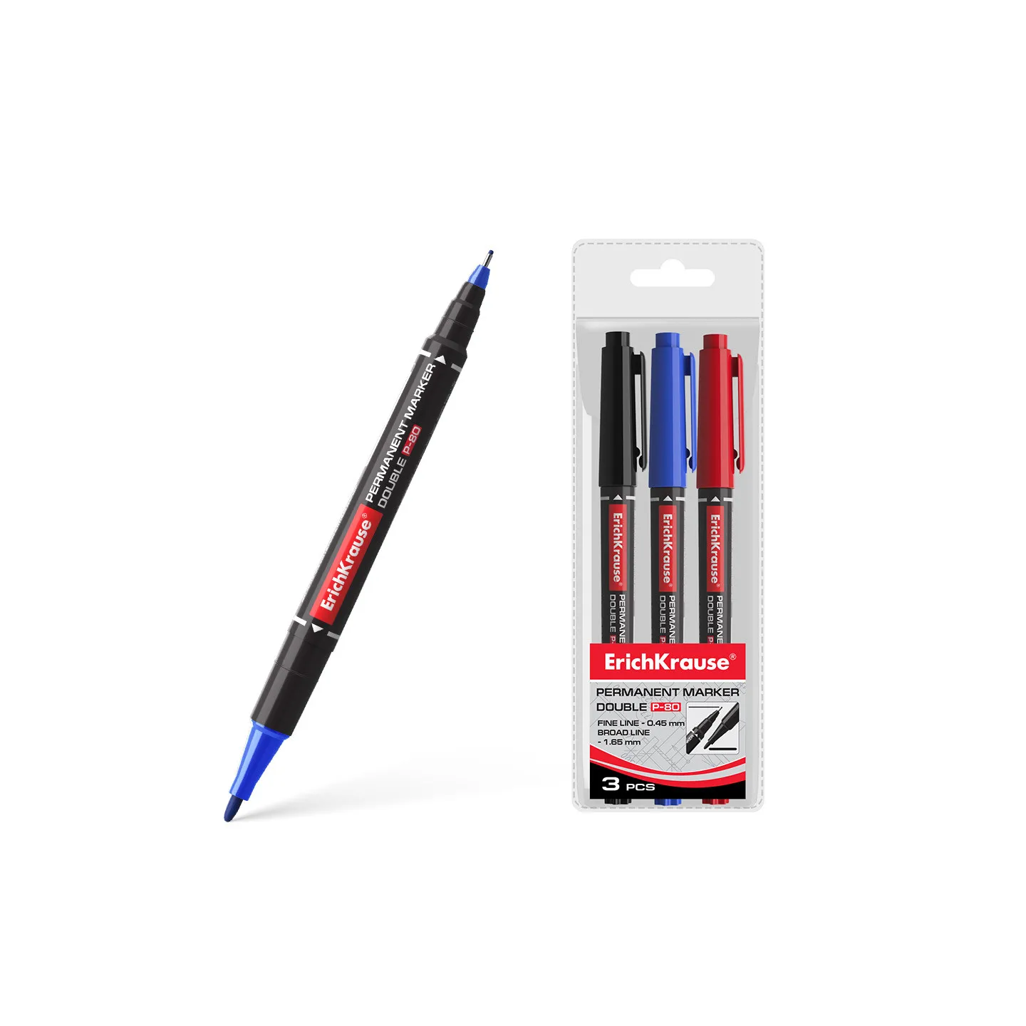Set di 3 pennarelli indelebili bifacciali ErichKrause Double P-80, colore inchiostro: nero, blu, rosso