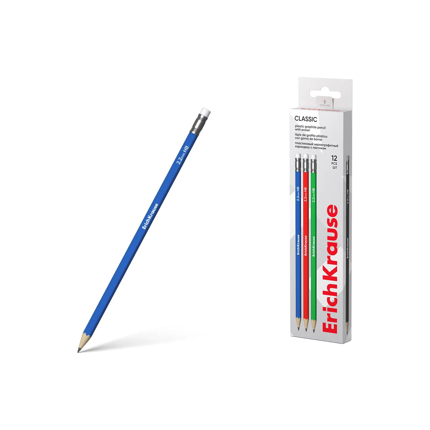 Matita di grafite in plastica ErichKrause Classic, esagonale, con gomma, HB (confezione da 12 pz.)