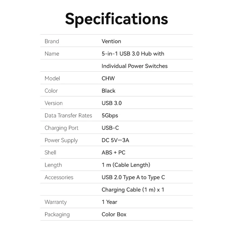 Hub USB 3.0 a 4 porte con interruttori di alimentazione individuali Vention – 1m, nero​