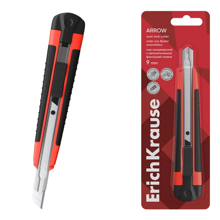 Cutter ErichKrause Arrow 9 mm – Auto-Lock – Rosso – Blister 1 pz
