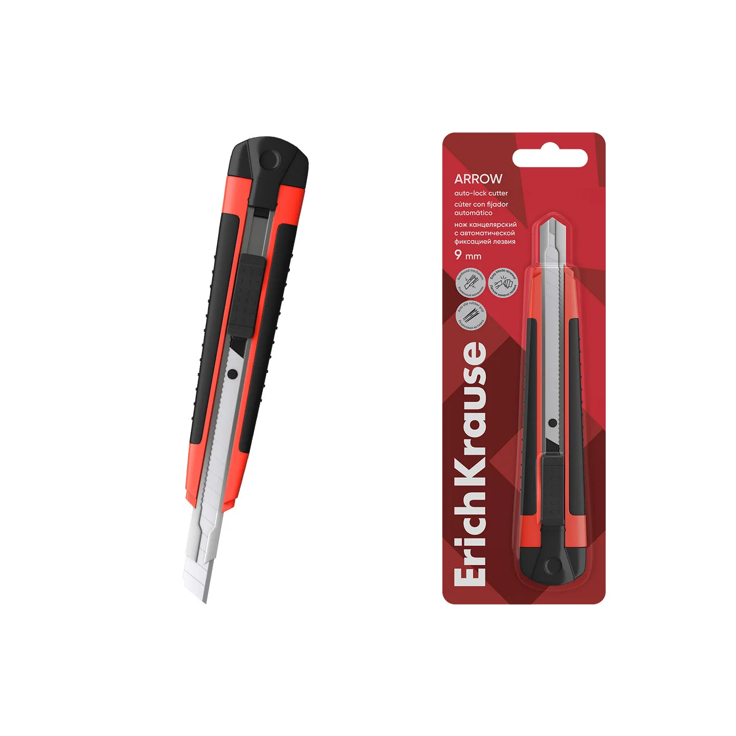 Cutter ErichKrause Arrow 9 mm – Auto-Lock – Rosso – Blister 1 pz