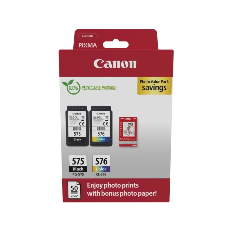 Cartucce Originali Canon PG-575 BK + CL 576 C + 50 Fogli Fotografici 4x6