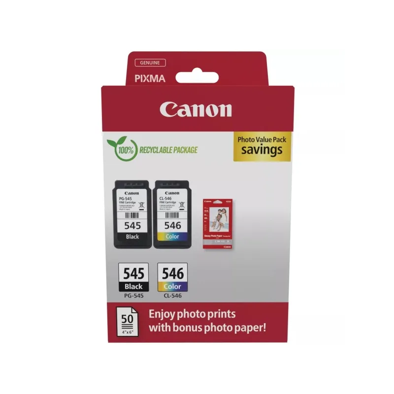 Cartucce Originali Canon PG-545 BK + CL 546 C + 50 Fogli Fotografici 4x6