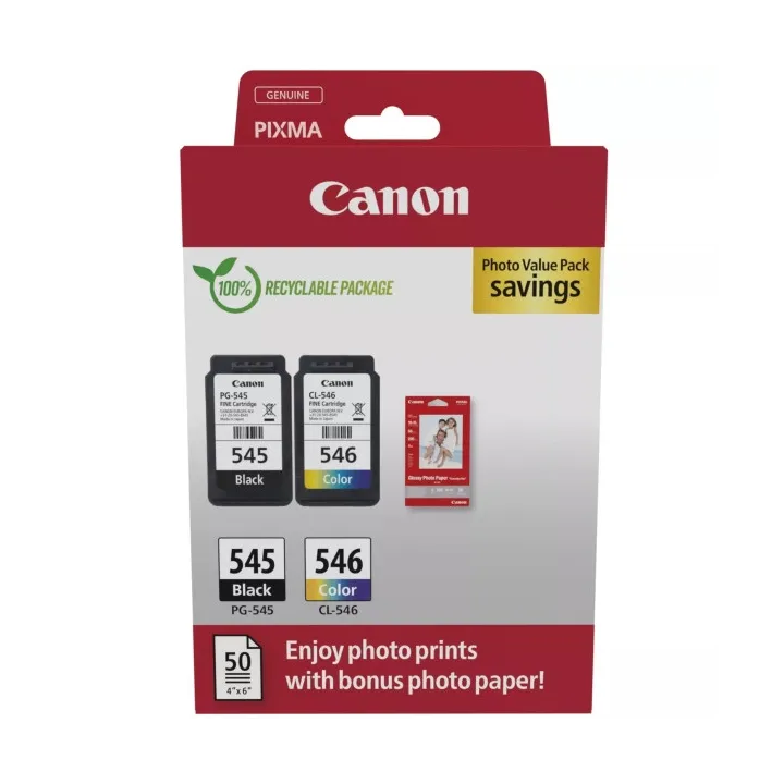 Cartucce Originali Canon PG-545 BK + CL 546 C + 50 Fogli Fotografici 4x6