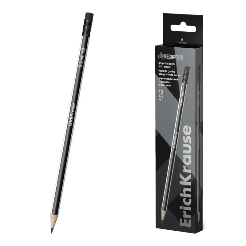 Matita di grafite ErichKrause MEGAPOLIS, triangolare, con gomma HB (in confezione da 12 pz.)