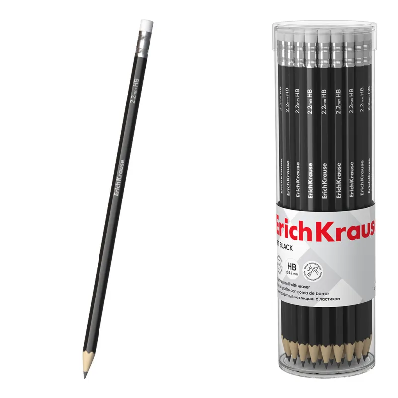 Matita di grafite ErichKrause Jet Black, esagonale, con gomma HB (tubo da 42 pezzi)