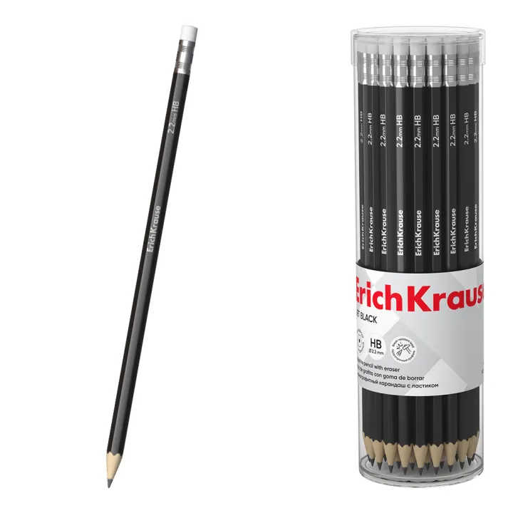 Matita di grafite ErichKrause Jet Black, esagonale, con gomma HB (tubo da 42 pezzi)