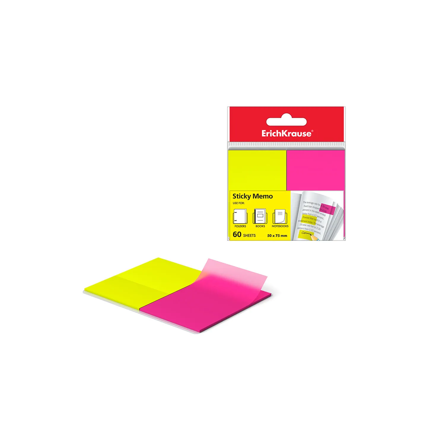 Segnapagina ErichKrause Neon, 50x75 mm, 60 fogli, 2 colori: giallo, rosa