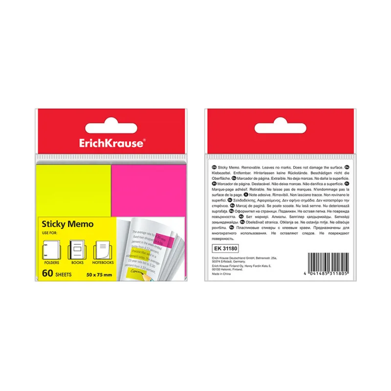 Segnapagina ErichKrause Neon, 50x75 mm, 60 fogli, 2 colori: giallo, rosa