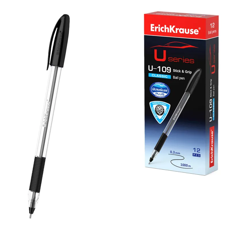 Penna a sfera ErichKrause U-109 Stick&Grip Classic 1.0, tecnologia Ultra Glide, colore inchiostro: nero (confezione da 12 pe