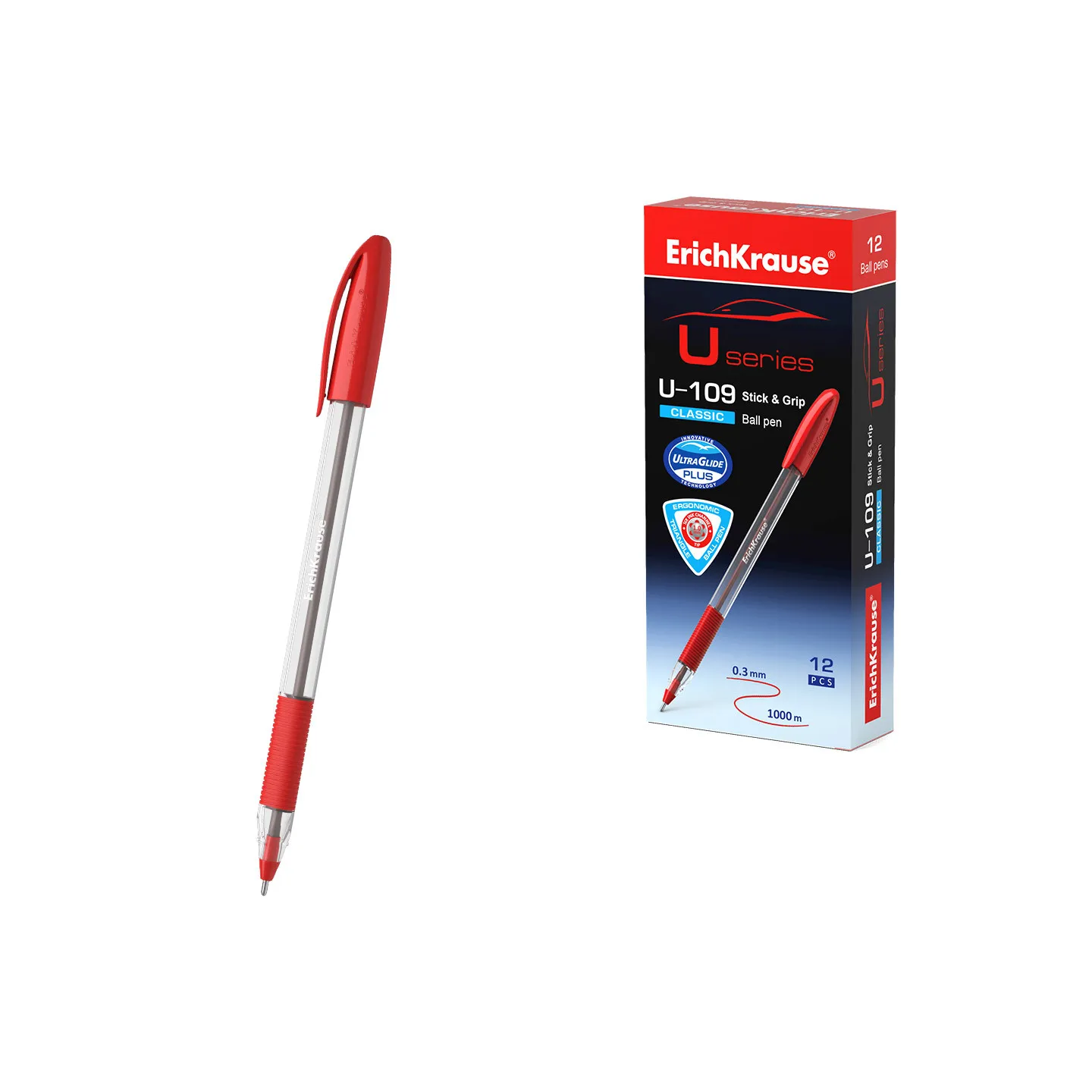 Penna a sfera ErichKrause U-109 Stick&amp;Grip Classic 1.0, tecnologia Ultra Glide, colore inchiostro: rosso (confezione da 12 p