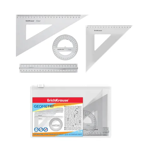 Set di geometria di grandi dimensioni in plastica ErichKrause Clear (righello con supporto, 2 squadre, goniometro), trasparente,