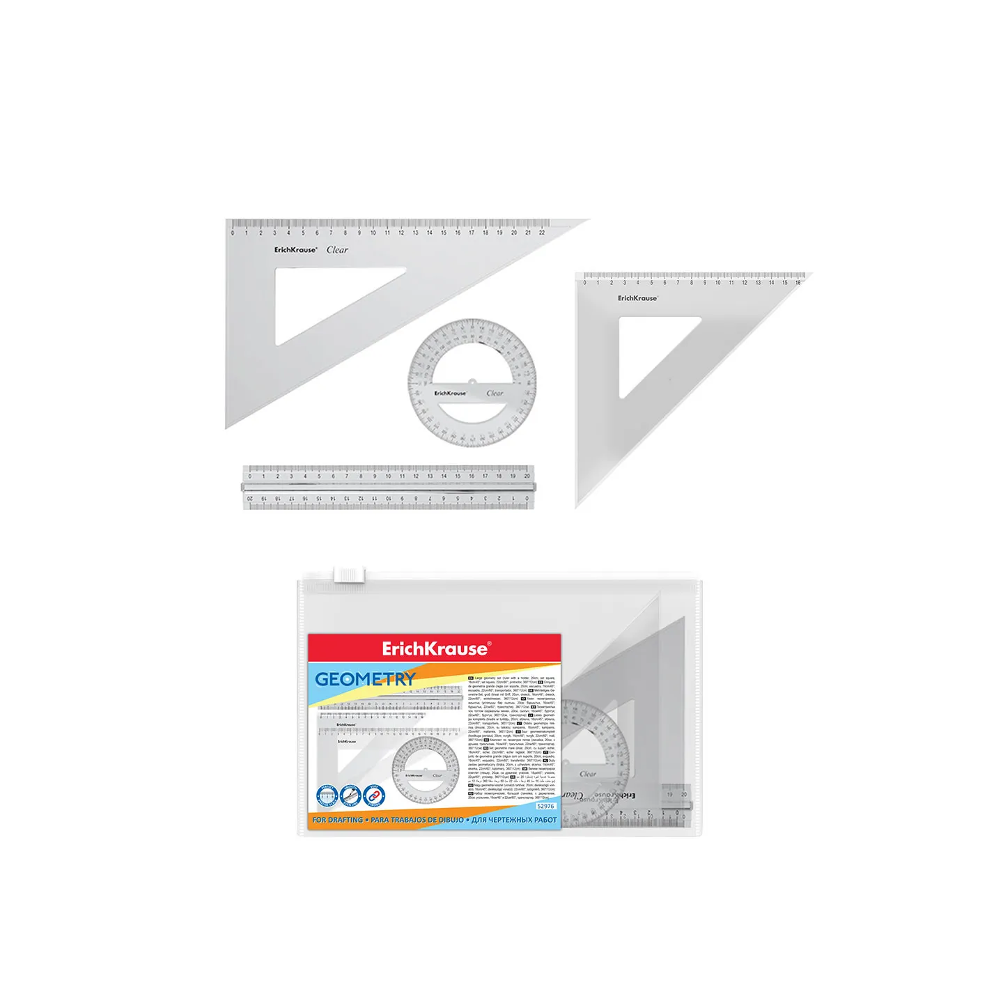 Set di geometria di grandi dimensioni in plastica ErichKrause Clear (righello con supporto, 2 squadre, goniometro), trasparente,