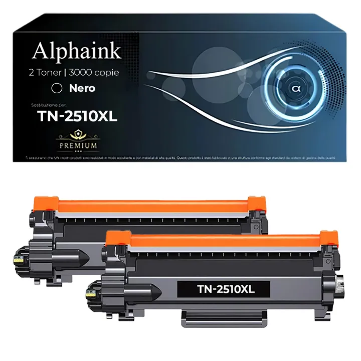 Kit 2 toner TN-2510XL Nero con chip compatibili per Brother Alphaink: fino a 3000 copie per toner, qualità professionale e rispa
