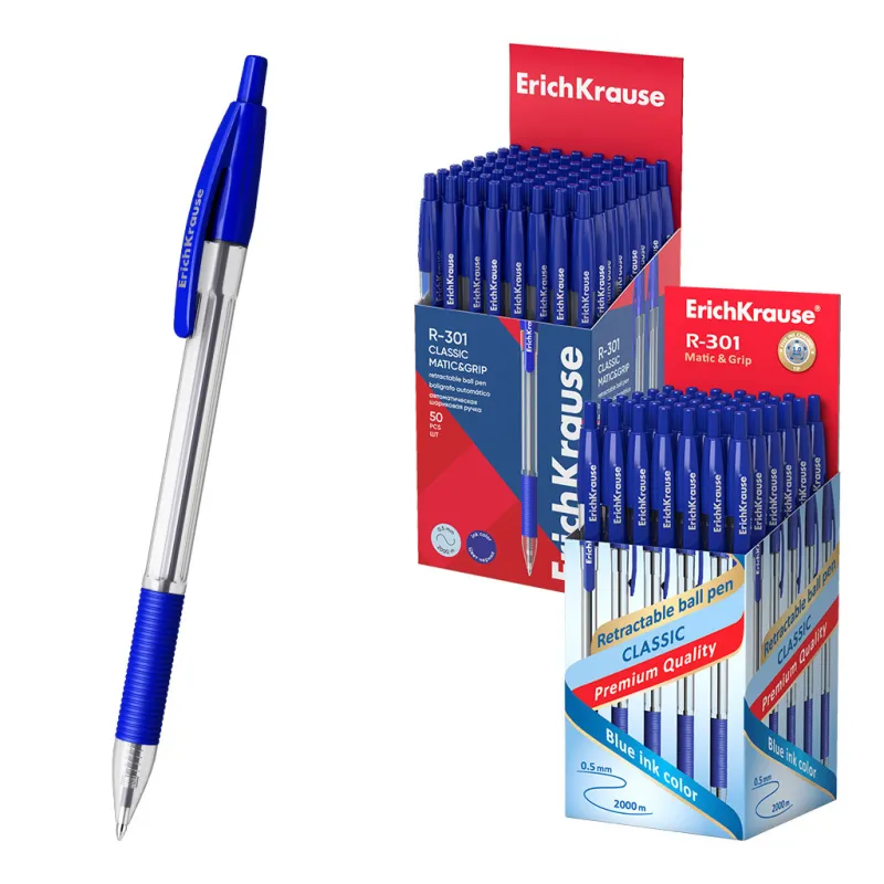 Penna a sfera a scatto ErichKrause R-301 Matic&amp;Grip Classic 1.0, colore inchiostro: blu (confezione da 50 pezzi)