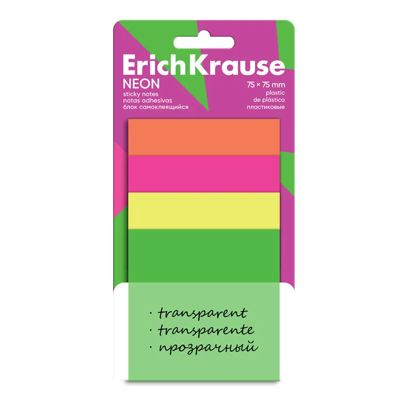 Post it in plastica ErichKrause Neon, 75х75 mm, 40 fogli, 4 colori