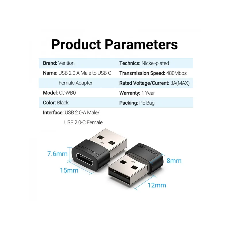 Adattatore USB 2.0 USB-C maschio a USB femmina di Vention - Nero