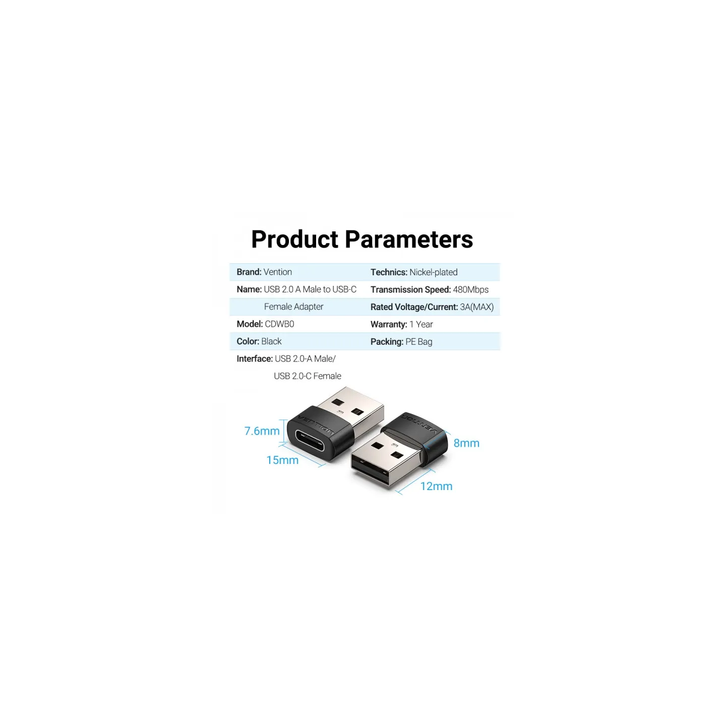 Adattatore USB 2.0 USB-C maschio a USB femmina di Vention - Nero