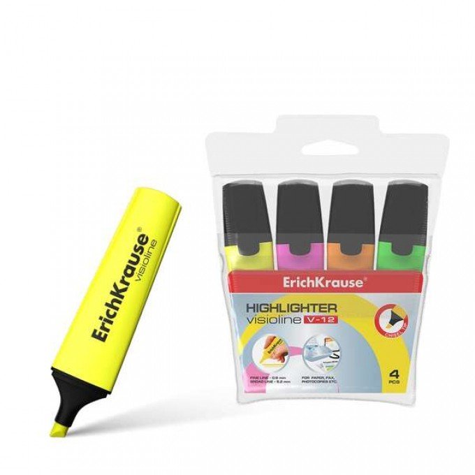 Evidenziatori ErichKrause VIsioline V-12 Conf. 4 pennarelli fluorescenti - Punta smussata - Inchiostro a base d'acqua - Colori arancio, rosa, verde e giallo