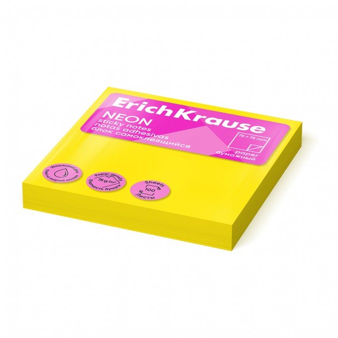 Post-it - Sticky notes ErichKrause 75х75 mm, 100 fogli, Giallo Fluo