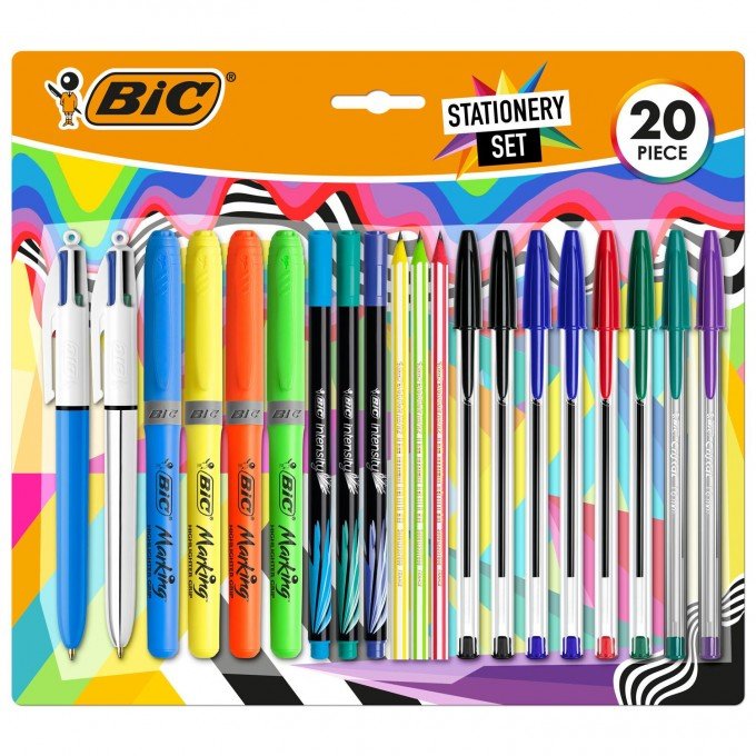 Bic Escritura Multicolor Confezione da 20 Pezzi Vari - 6 Bic Cristal Original, 2 Bic Cristal Fun, 2 Bic 4 Colores, 3 Bic Intensity Fine, 4 Bic Highlighter Grip e 3 Bic Evolution Stripes HB