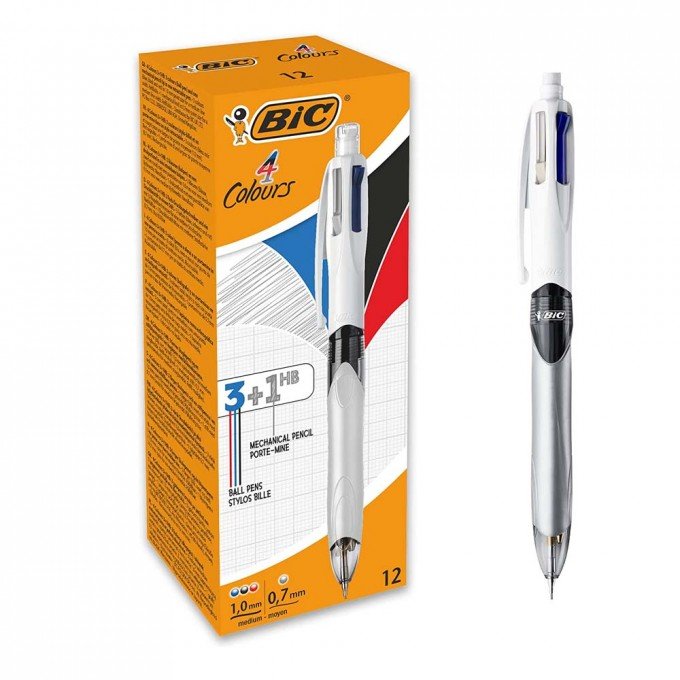 BIC 4 Colori Penne a Sfera a Scatto 3 Colori + 1 Matita Mine HB da 0.7 mm 
