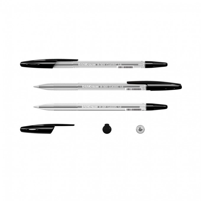 50 Penne a sfera Erichkrause R-301 Classic Stick 1.0 - Corpo esagonale trasparente - Punta da 1,0 mm - Inchiostro ad asciugatura rapida - Colore Nero