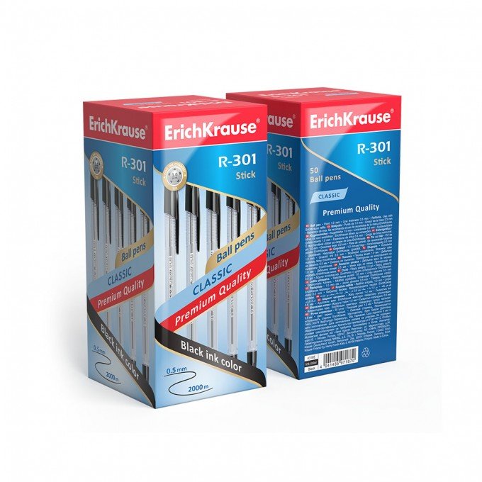 50 Penne a sfera Erichkrause R-301 Classic Stick 1.0 - Corpo esagonale trasparente - Punta da 1,0 mm - Inchiostro ad asciugatura rapida - Colore Nero
