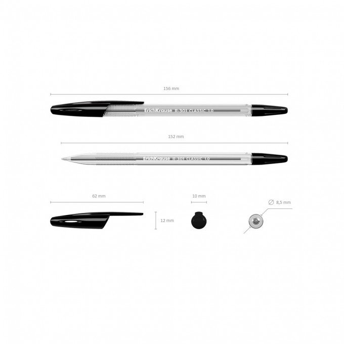 50 Penne a sfera Erichkrause R-301 Classic Stick 1.0 - Corpo esagonale trasparente - Punta da 1,0 mm - Inchiostro ad asciugatura rapida - Colore Nero