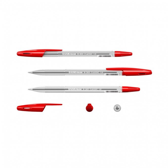 50 Penne a sfera Erichkrause R-301 Classic Stick 1.0 - Corpo esagonale trasparente - Punta da 1,0 mm - Inchiostro ad asciugatura rapida - Colore Rosso