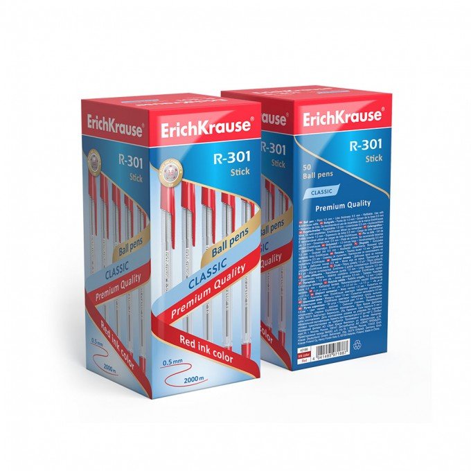 50 Penne a sfera Erichkrause R-301 Classic Stick 1.0 - Corpo esagonale trasparente - Punta da 1,0 mm - Inchiostro ad asciugatura rapida - Colore Rosso
