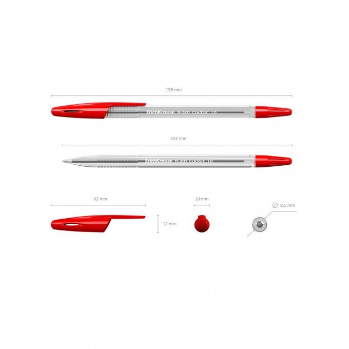 50 Penne a sfera Erichkrause R-301 Classic Stick 1.0 - Corpo esagonale trasparente - Punta da 1,0 mm - Inchiostro ad asciugatura rapida - Colore Rosso