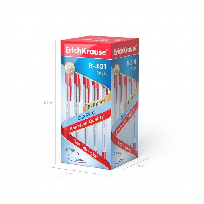 50 Penne a sfera Erichkrause R-301 Classic Stick 1.0 - Corpo esagonale trasparente - Punta da 1,0 mm - Inchiostro ad asciugatura rapida - Colore Rosso