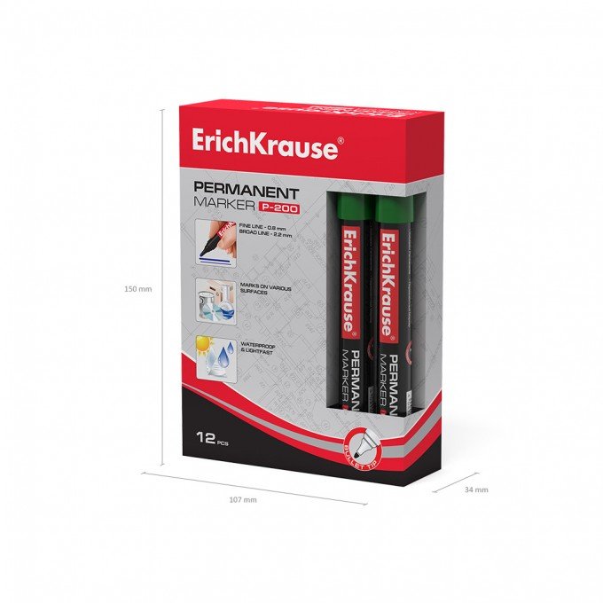 12 Pennarelli permanenti Erichkrause P-200 - Punta a forma di proiettile - Resistente all'acqua e ai raggi UV - Colore verde